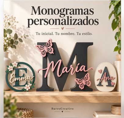 Monogramas con inicial, nombre y adornos