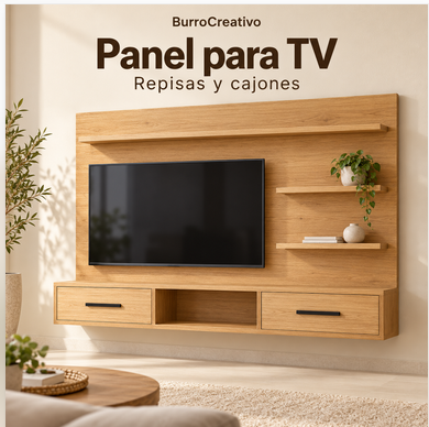 Panel de TV con repisas y cajones