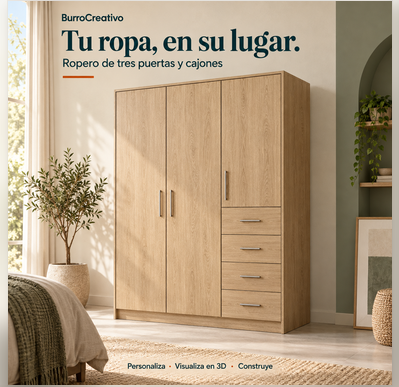 Ropero de tres puertas y cajones