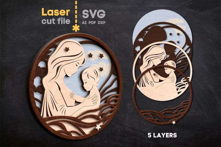 Archivo SVG cortado con láser de mamá con niño