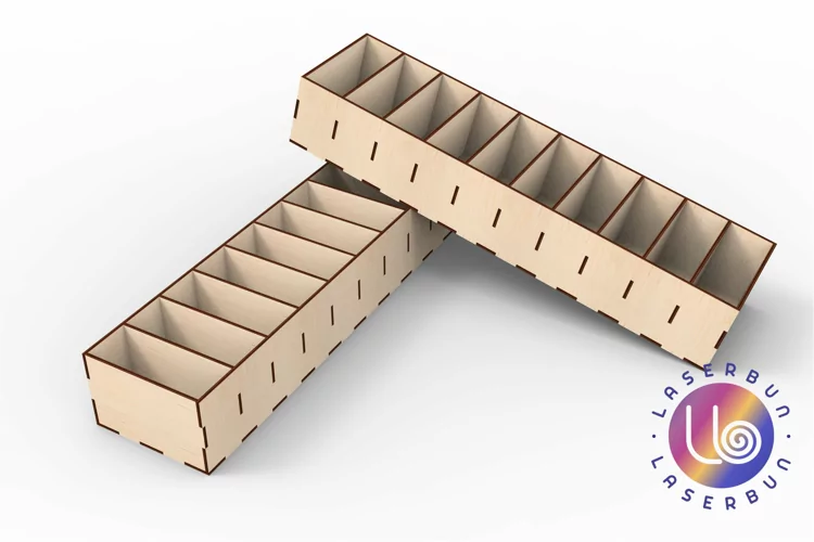Caja con 10 compartimentos. Patrones de corte láser SVG CNC DXF.
