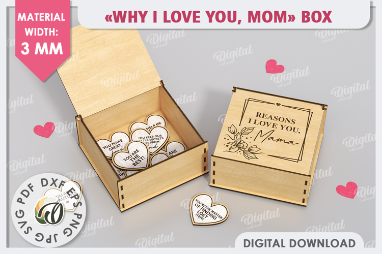 Caja cortada a láser "POR QUÉ TE QUIERO, MAMÁ". SVG para el Día de la Madre.