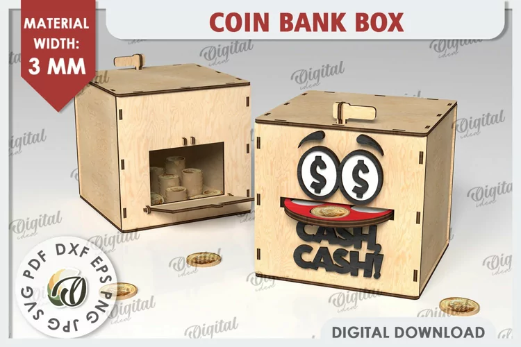 Caja de alcancia cortada con láser. Alcancía de madera SVG. Caja de dinero SVG