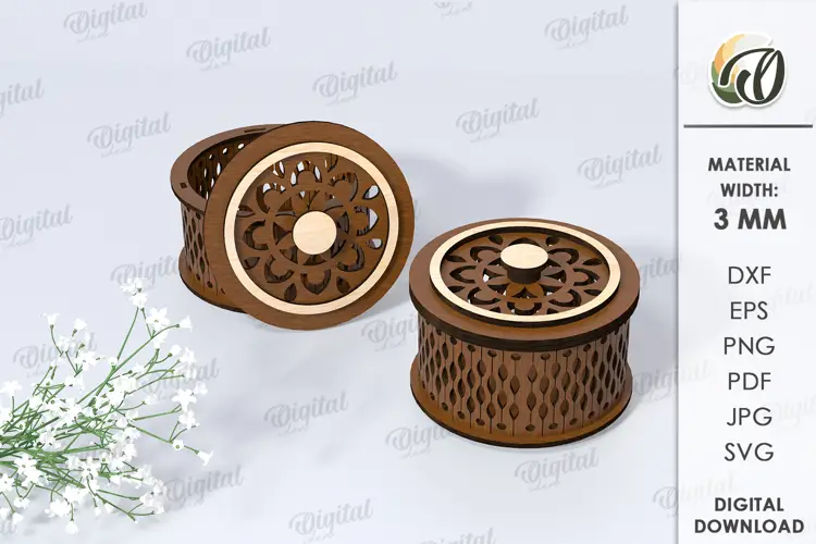 Caja de baratijas redonda pequeña 3D cortada a láser. Cajas de regalo redondas SVG