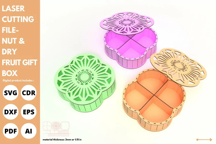 Caja de regalo con frutos secos y frutas secas (diseño cortado con láser)