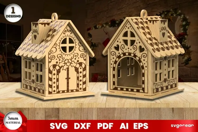 Casita navideña de jengibre cortada a láser | Adorno navideño