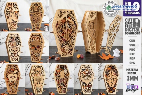 Colección de 10 Cajas Ataúd 3D para Halloween – Diseños Ornamentales para Dulces y Decoración