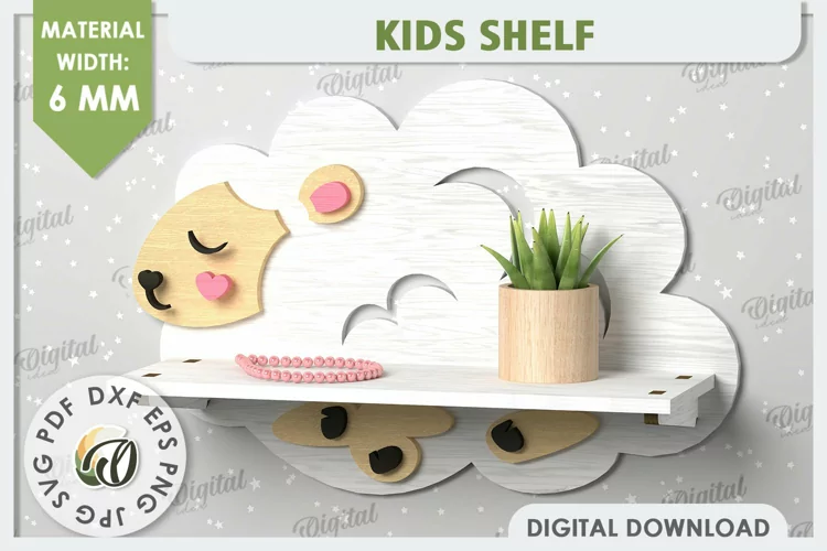 Diseño de corte láser de estante de pared de oveja. Estante para habitación de niños SVG