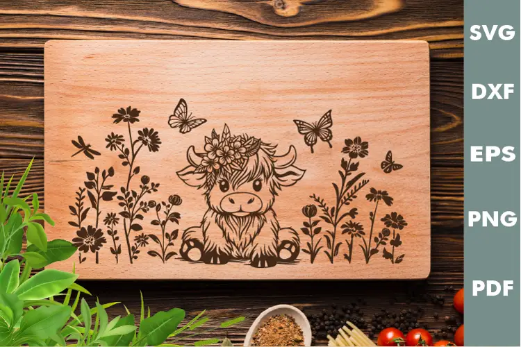 Diseño de vaca bebé de las Highlands, tabla de cortar SVG, SVG cortado con láser