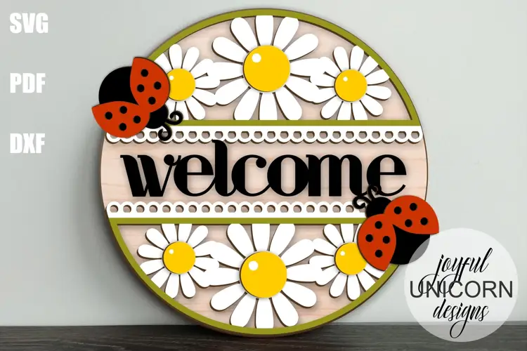 Letrero de bienvenida con margaritas | Colgante de puerta con mariquitas | Letrero de verano SVG