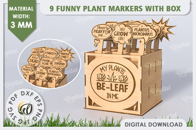 Marcadores de plantas divertidos con caja cortada a láser. Estacas de jardín SVG.