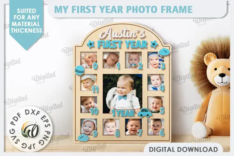 Marco de fotos de mi primer año cortado a láser. Marco de fotos de bebé SVG.