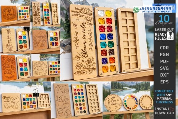 Pack de 10 Estuches Organizadores para Acuarelas – Mini Paletas de Pintura en Madera con Compartimentos