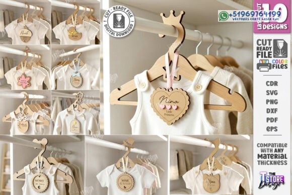 Pack de 10 Perchas Infantiles de Madera con Etiquetas Personalizables – Ganchos para Ropa de Bebé con Diseños