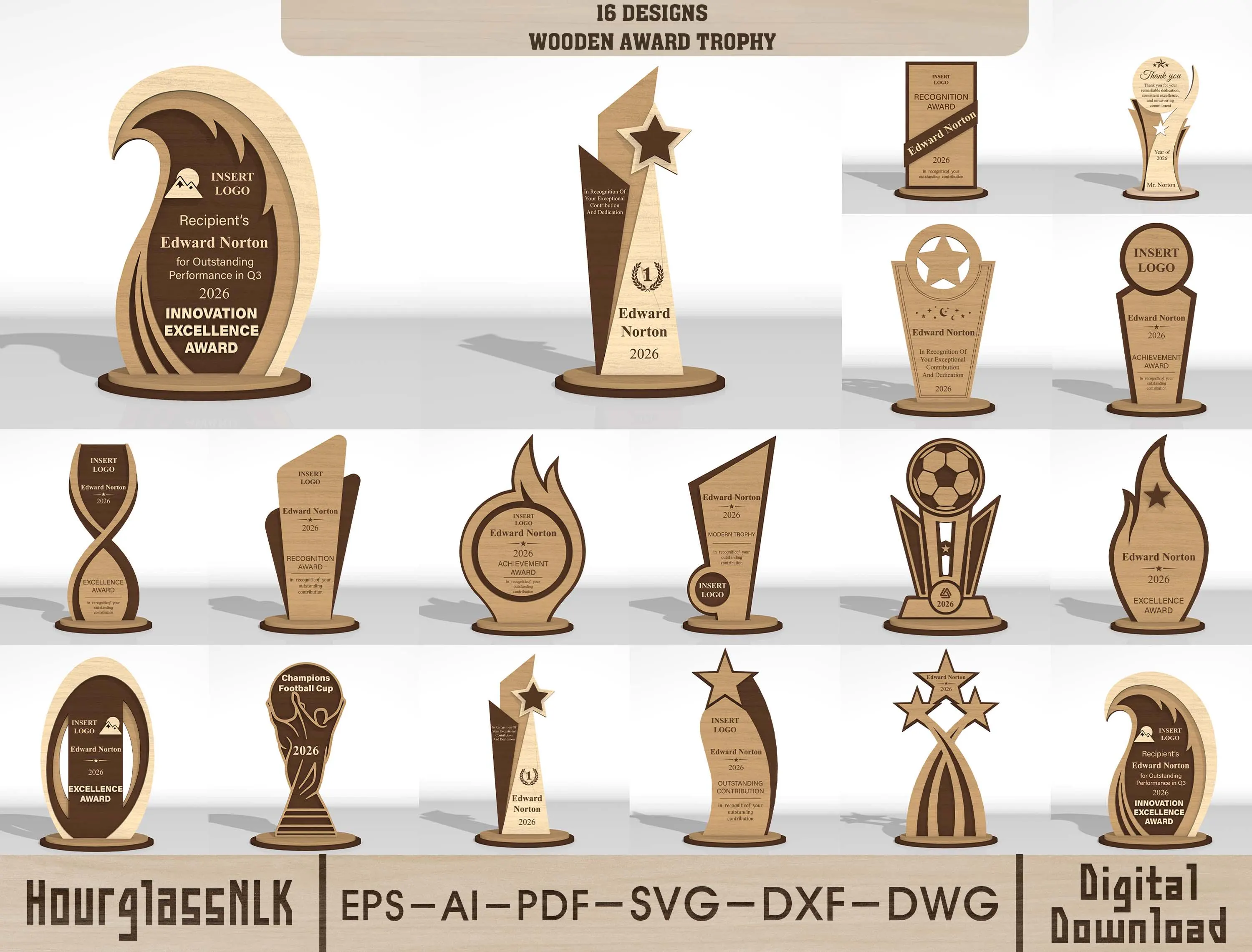 Pack de 16 Trofeos y Placas de Reconocimiento para Corte Láser