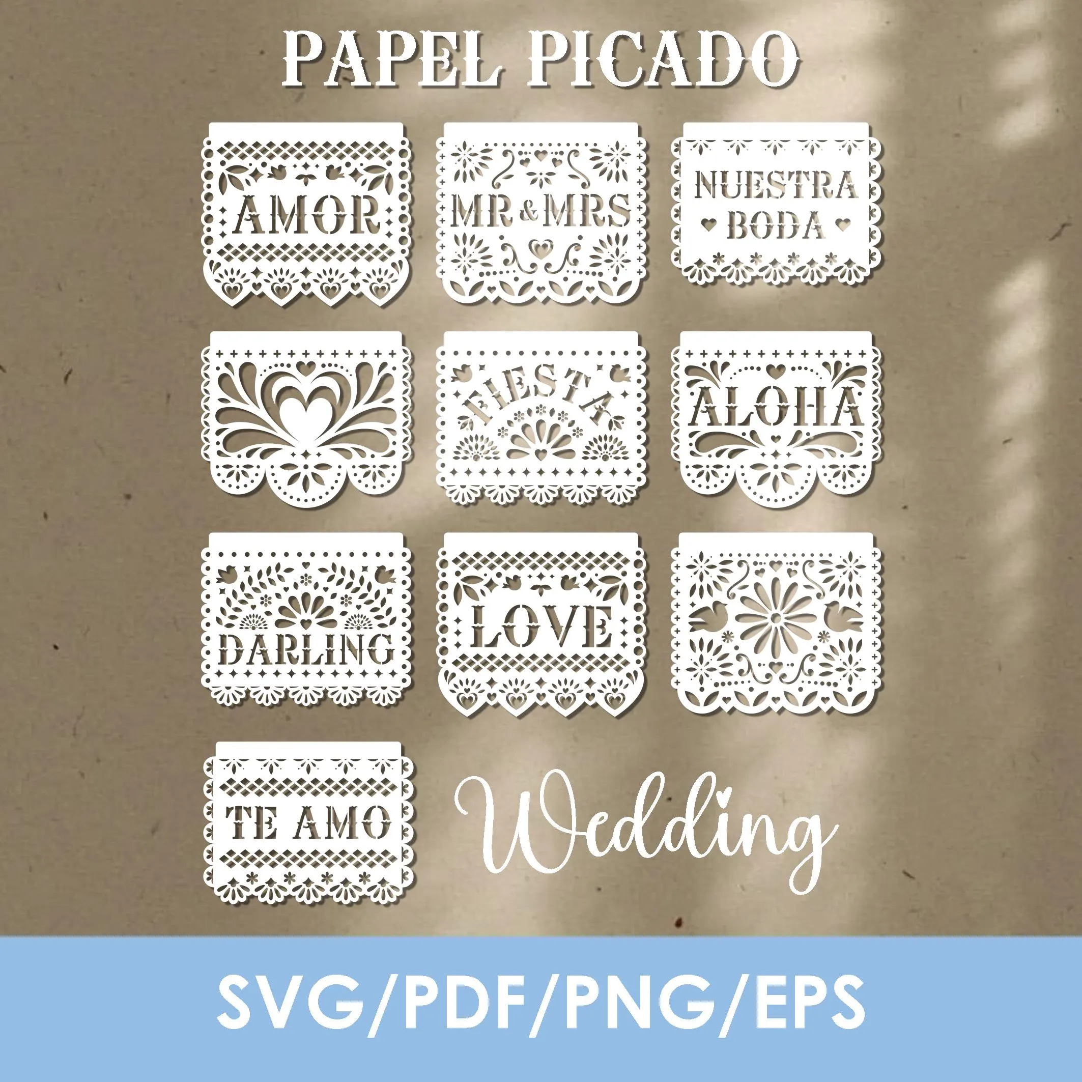 Pack de Papel Picado en español Decorativo para Bodas y Eventos