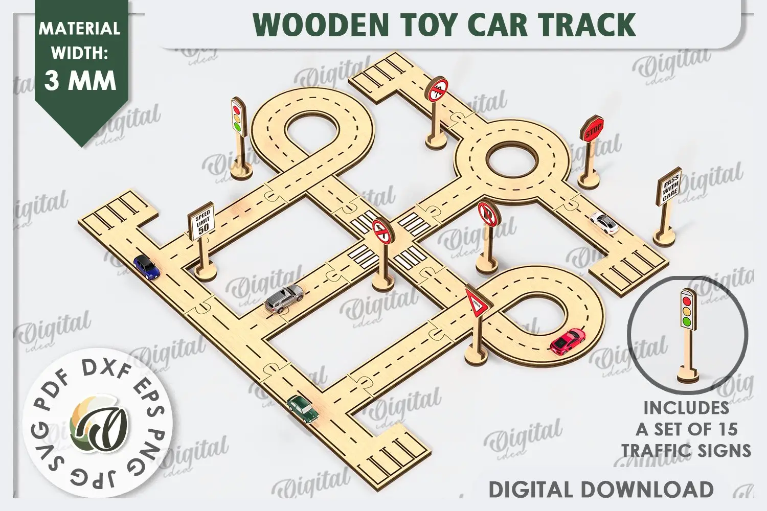 Pista de coches de juguete de madera cortada a láser. Pista de carreras infantil SVG.