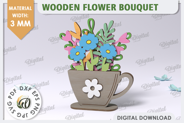 Ramo de flores de madera 3D cortado con láser. SVG para el Día de la Madre.